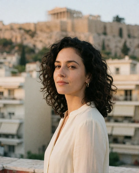 Greek woman in a cream blouse on an Athens rooftop with the Acropolis hill blurred behind her