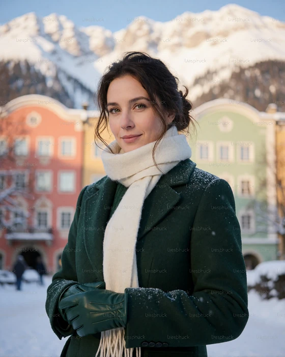 Austrian woman in a green coat in Innsbruck old town with alpine peaks behind, representing Alpine dating regions