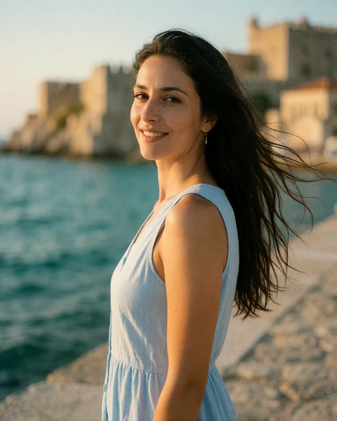 Greek woman in a light blue cotton dress on the Heraklion waterfront in Crete