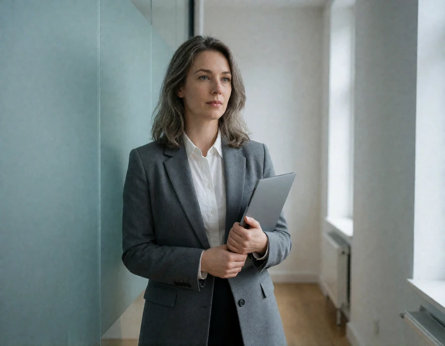 Data protection officer standing in a quiet Nordic-style office corridor, representing EuroPassions member privacy practices