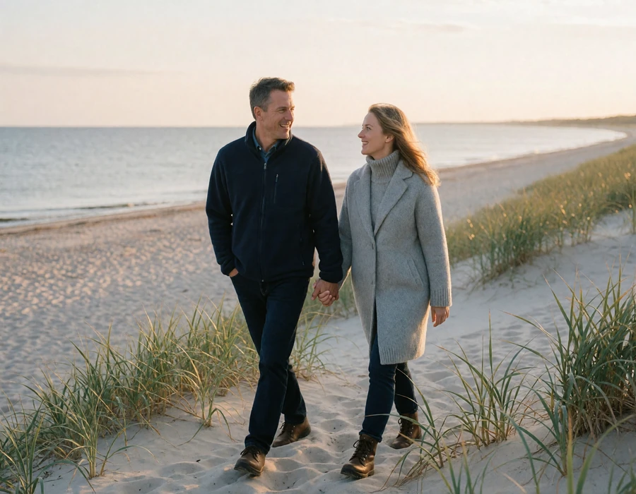 American man and his Estonian partner walking hand in hand along the Baltic shoreline near Parnu at golden hour