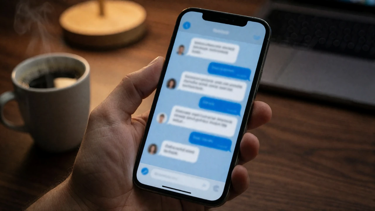 Close view of a phone screen showing an anonymous chat thread on a desk, illustrating an unexpected money request during online dating