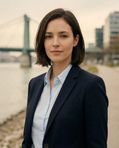Austrian woman in a navy blazer on the Danube riverside promenade in Linz, Upper Austria