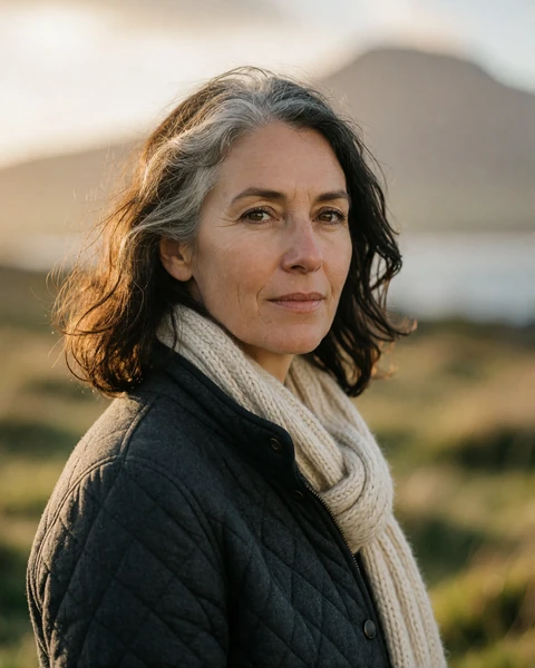Irish woman in a charcoal jacket on a windswept Sligo headland with Benbulben behind