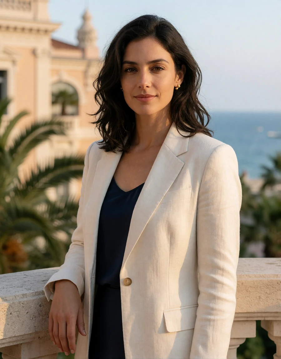Woman in an ivory linen blazer on a terrace overlooking Monte Carlo at golden hour, a EuroPassions Monaco dating member portrait