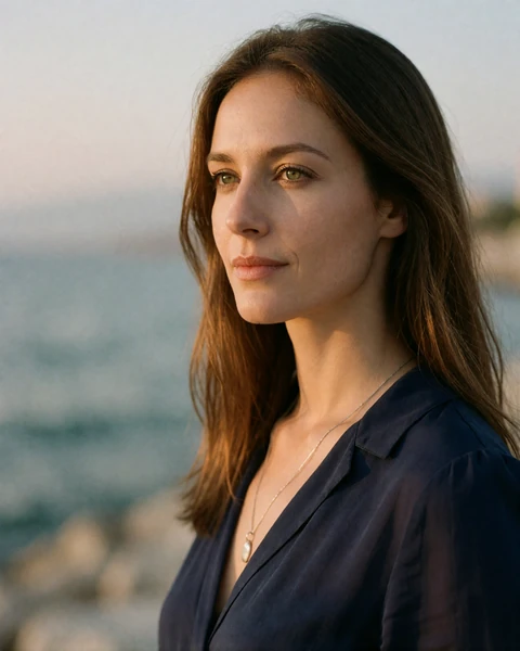 Greek woman in a navy blouse on the Thessaloniki seafront promenade at golden hour