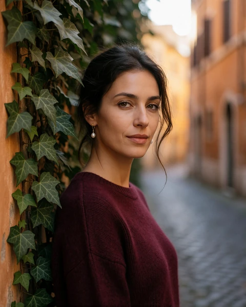 Italian woman in a burgundy sweater beside an ivy-covered ochre wall on a Trastevere lane in Rome