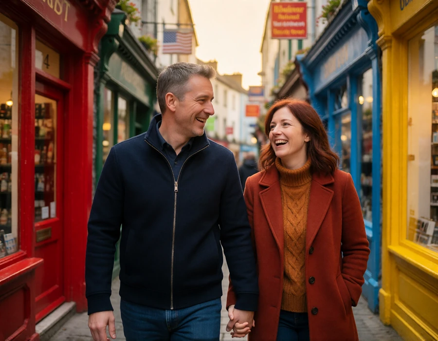 American man and his Irish partner walking hand in hand along a colorful Galway street