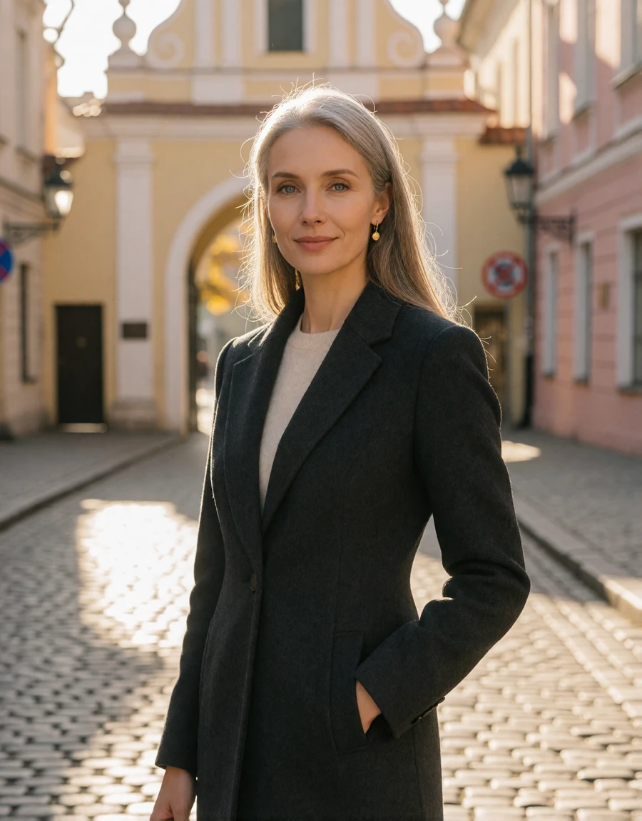Lithuanian woman in a charcoal wool coat on a cobblestone street in the baroque Old Town of Vilnius, a EuroPassions Lithuanian dating member portrait
