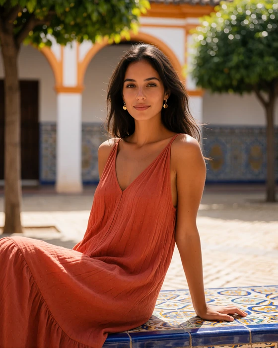 Spanish woman in a terracotta dress on a tiled Seville plaza, representing Southern European dating regions