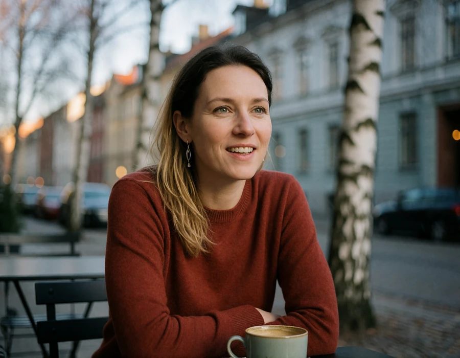 Norwegian woman in a rust merino sweater seated at an outdoor cafe table on a quiet street in Oslo, Norway