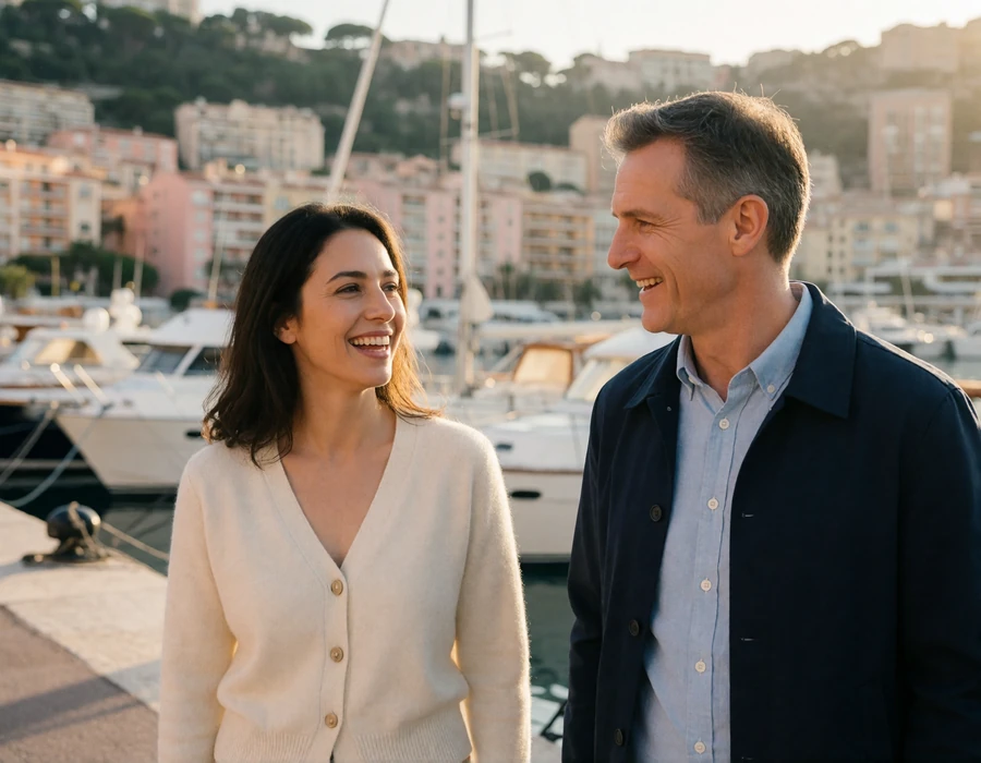 International couple walking together along the quay at Port Hercules in Monaco at golden hour