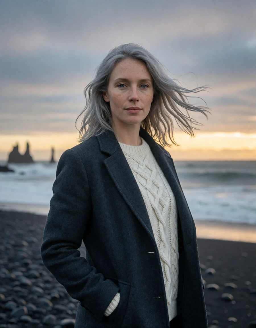 Icelandic woman in a charcoal coat and knit sweater on the black sand coast near Vik, a EuroPassions Icelandic dating member portrait