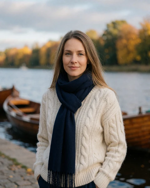 Finnish woman in a cream cable-knit sweater standing on the Aura river embankment in Turku, Southwest Finland