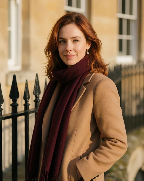 British woman in a camel coat on a Georgian stone street in Bath, representing British dating on EuroPassions