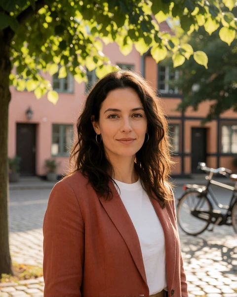 Swedish woman in a rust linen blazer in a leafy cobbled square in Malmo, Skane County