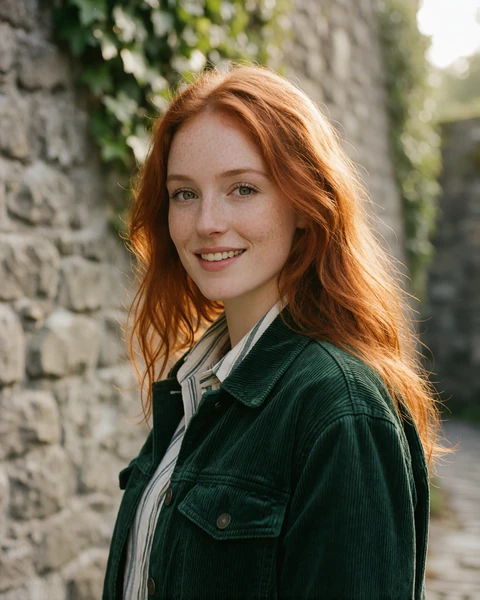 Irish woman with copper red hair in a green corduroy jacket on a medieval Kilkenny lane