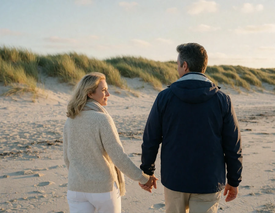 International couple walking hand in hand along the sand dunes of the Skagen beach in northern Denmark