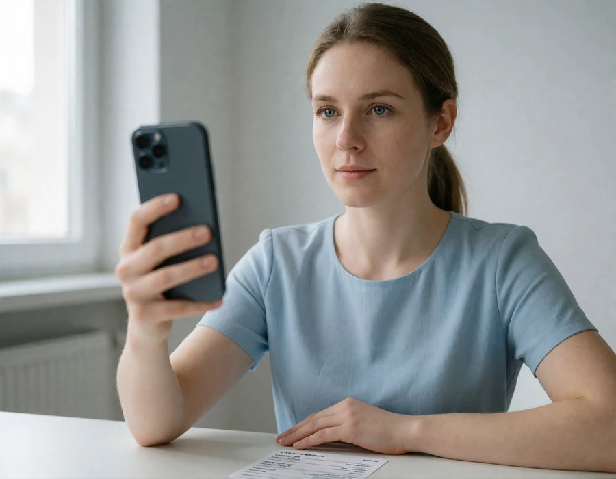 European woman completing a privacy-conscious identity verification check on her phone with documents not visible