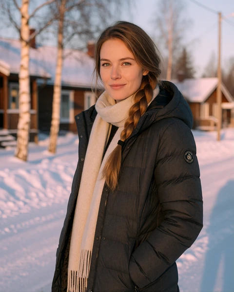 Swedish woman in a charcoal parka on a snowy street in Kiruna, Swedish Lapland, in low arctic winter light