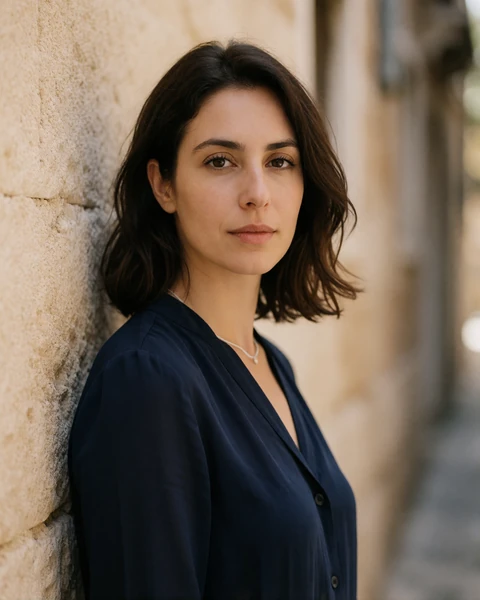 Cypriot woman in a navy blouse beside a sandstone wall in old Nicosia, a verified member profile portrait