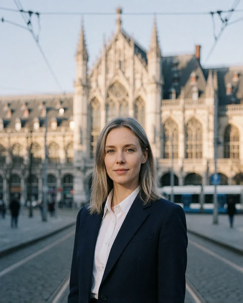Belgian woman in a navy blazer standing near Antwerp Central Station in Flanders