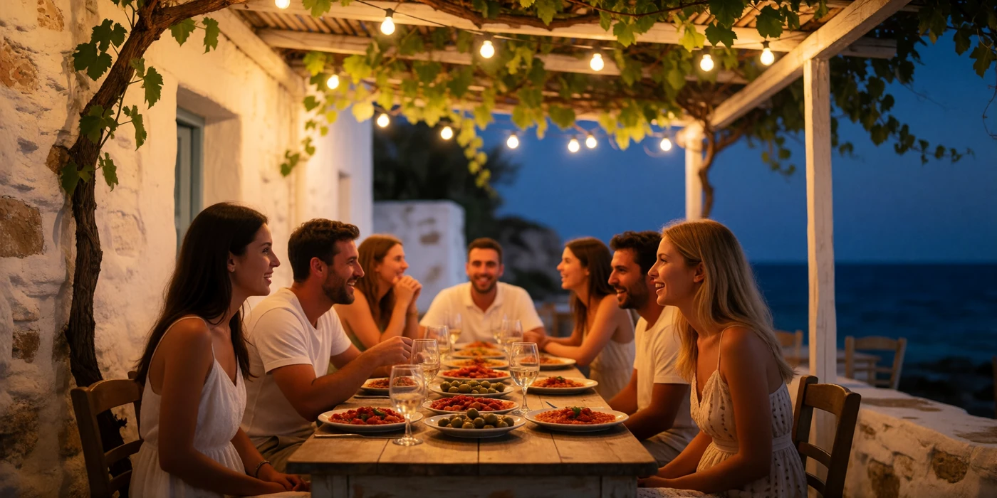 Evening family and friends gathering at a vine-covered taverna terrace in a coastal Cypriot village, illustrating family-centered dating culture in Cyprus