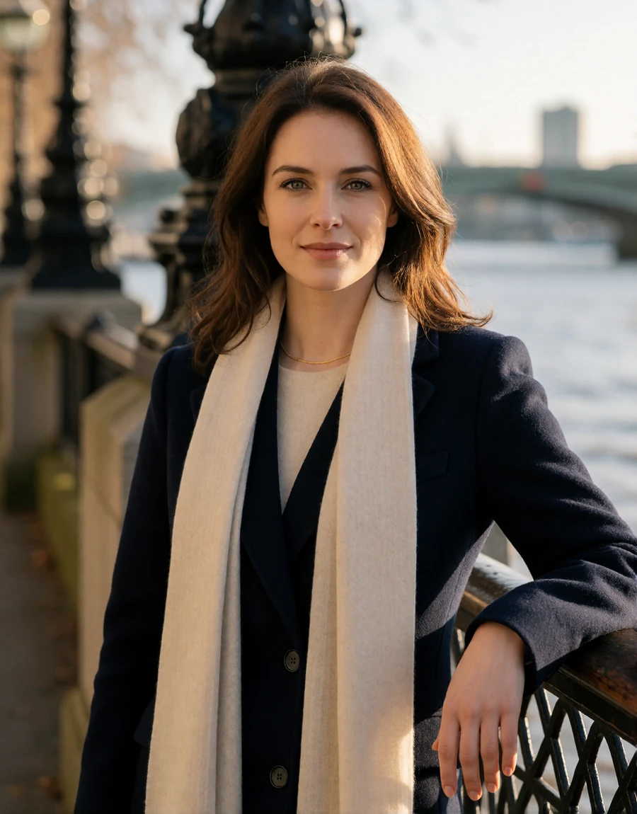 British woman in a navy coat standing on the London South Bank promenade beside the Thames, a EuroPassions British dating member portrait