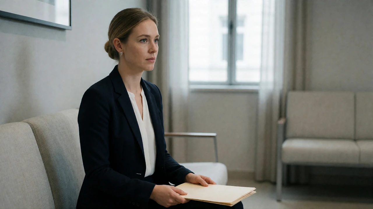 Composed woman in a navy blazer holding a document folder while waiting for a visa interview at a consular office