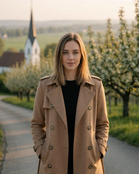 Woman in a camel trench coat on a quiet residential road in Mauren, northern Liechtenstein