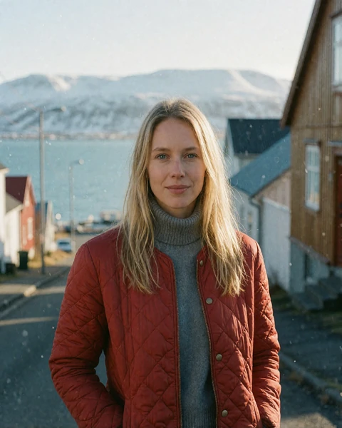 Icelandic woman in a rust-red jacket on a sloped street above the fjord in Akureyri, northern Iceland
