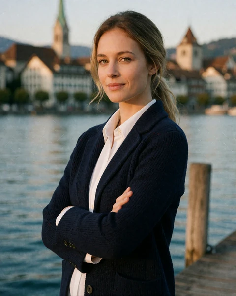 Swiss woman in a navy knit blazer on a wooden jetty at Lake Zurich with Old Town rooftops behind her