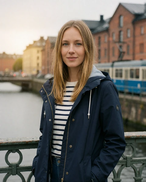 Swedish woman in a navy raincoat standing on a canal bridge in central Gothenburg