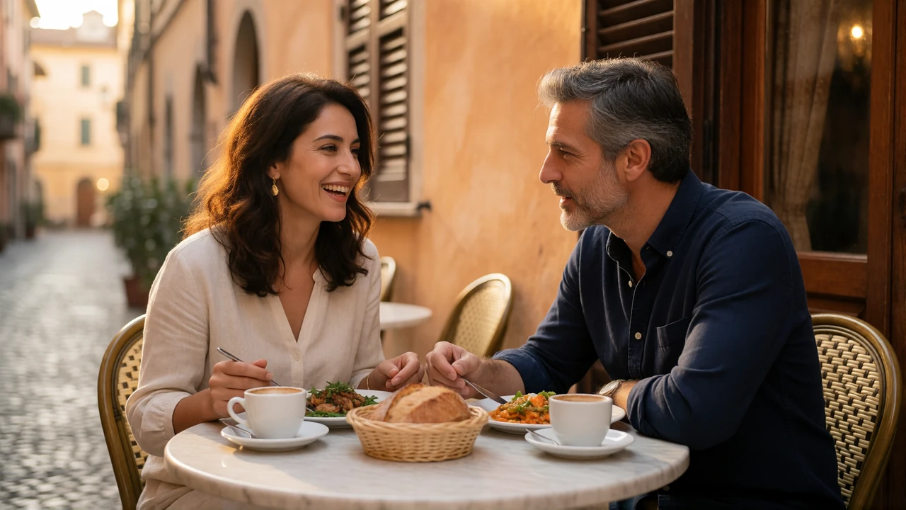 Couple in their forties sharing a meal at a European terrace table, illustrating everyday respect in cross cultural dating