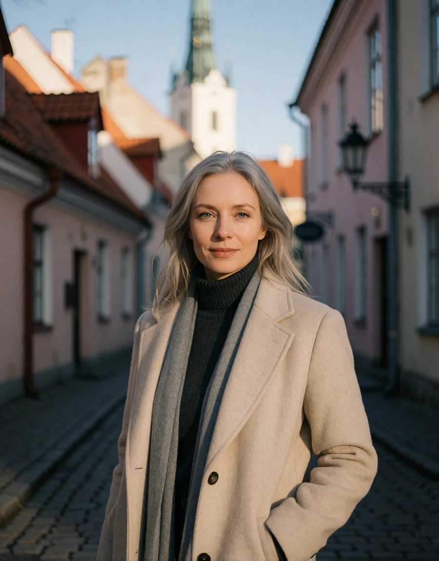 Estonian woman in an oatmeal wool coat on a cobblestone lane in Tallinn Old Town, a EuroPassions Estonian dating member portrait