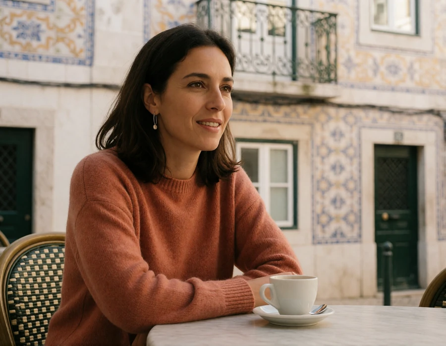 Portuguese woman in a terracotta knit sweater at a cafe table on a tiled Lisbon street in the Principe Real district