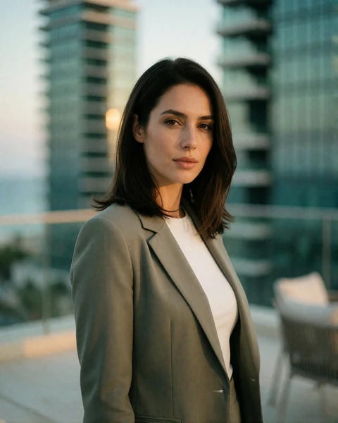 Cypriot woman in a stone grey blazer on a seafront terrace in the Limassol business district, a verified member profile portrait