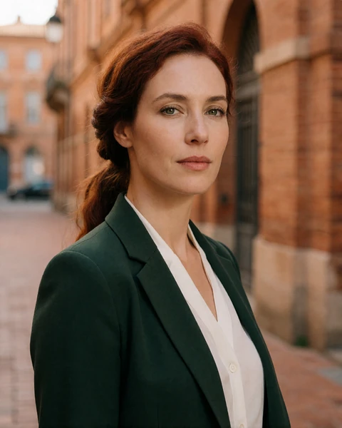 French woman in a forest green blazer on a rose-brick street near Place du Capitole in Toulouse