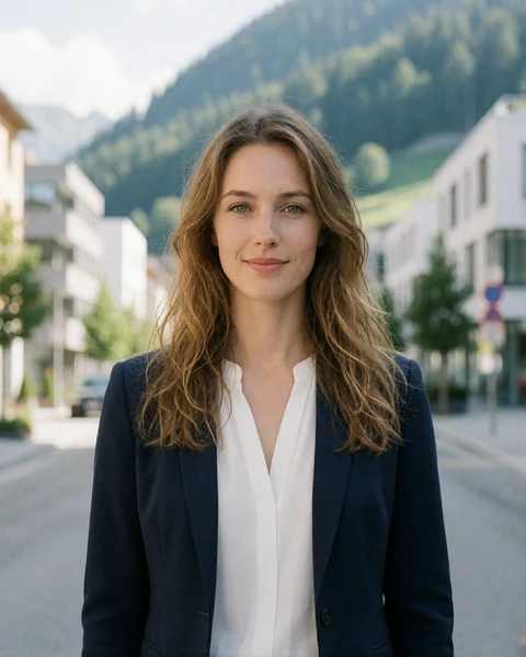 Woman in a navy blazer on a modern street in Schaan, the commercial center of Liechtenstein