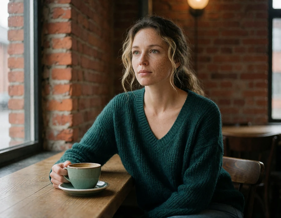 Finnish woman in a teal knitted sweater with a coffee cup at a window table in a red-brick cafe in Tampere, Finland