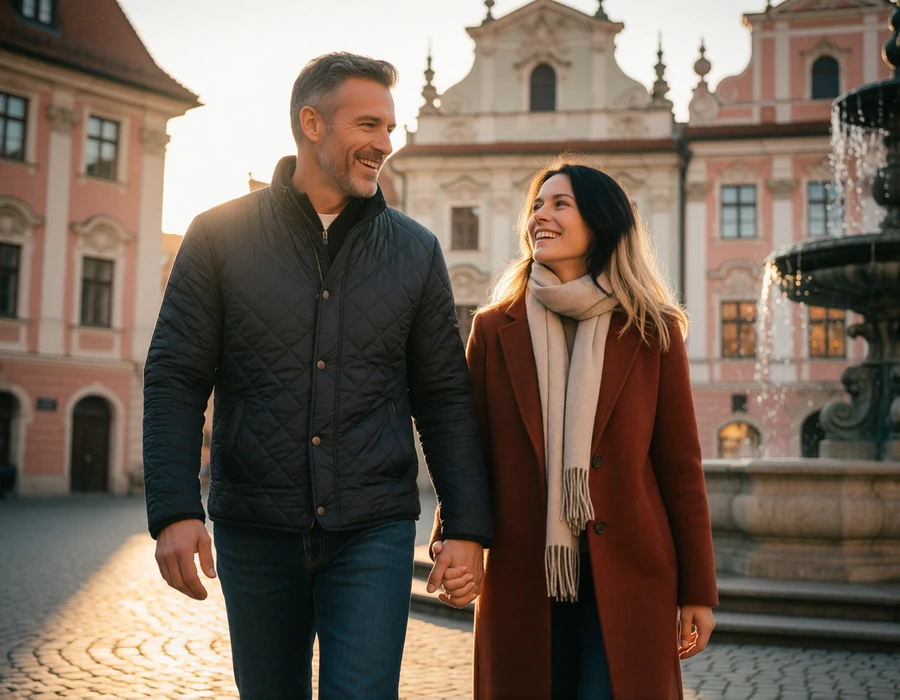 American man and his European partner walking hand in hand across a sunlit old-town square