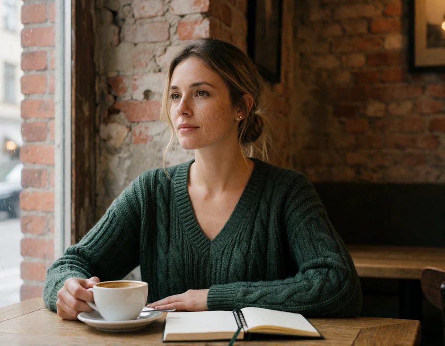 Swedish woman in a green cable-knit sweater at a window table in an Uppsala cafe with coffee and a notebook