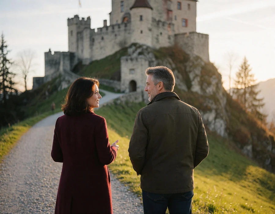 International couple walking together on a path below Gutenberg Castle in Balzers, Liechtenstein at golden hour
