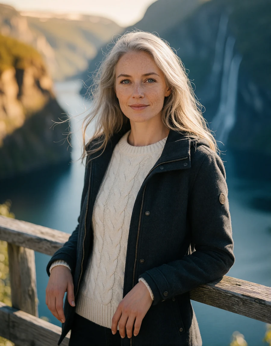 Norwegian woman in a cream knit sweater standing at a wooden railing above Geirangerfjord at golden hour, a EuroPassions Norwegian dating member portrait
