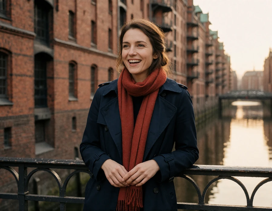 German woman in a navy trench coat laughing beside a canal railing in Hamburg's red-brick Speicherstadt warehouse district