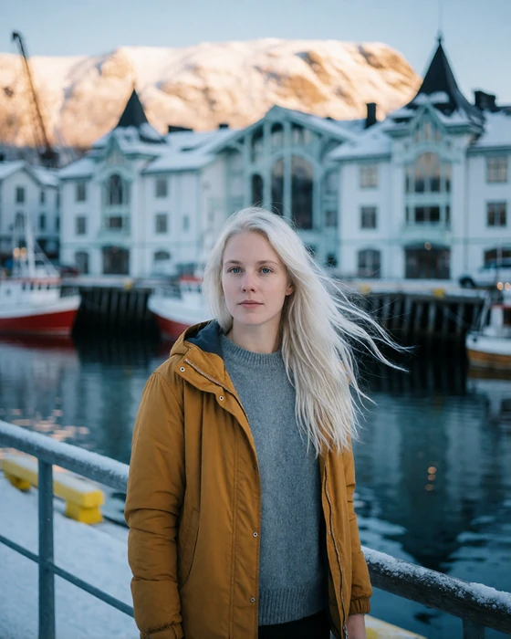 Norwegian woman at the Alesund harbor with mountains behind, representing Northern European dating regions