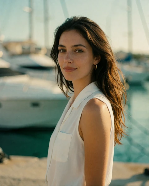 Cypriot woman with long dark hair in a white blouse near the Limassol marina, a verified member profile portrait