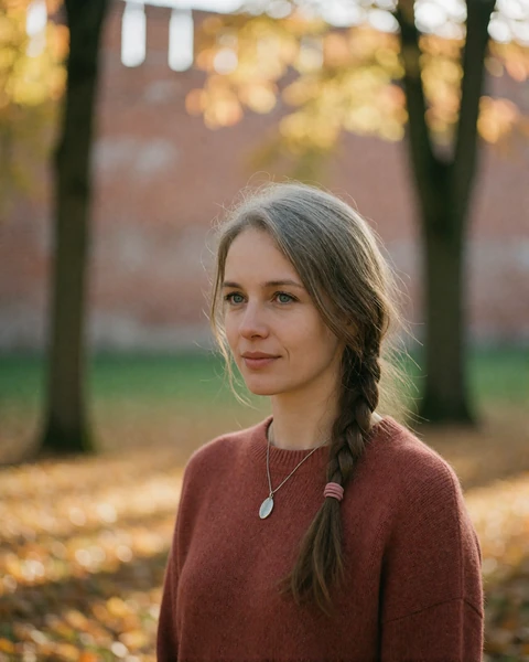 Latvian woman in a rust knit sweater by a brick wall in Cesis old town, representing Latvian dating on EuroPassions