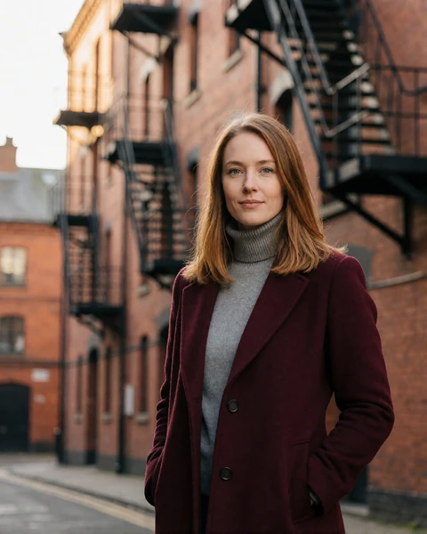 British woman in a burgundy coat on a red-brick Victorian street in the Manchester Northern Quarter