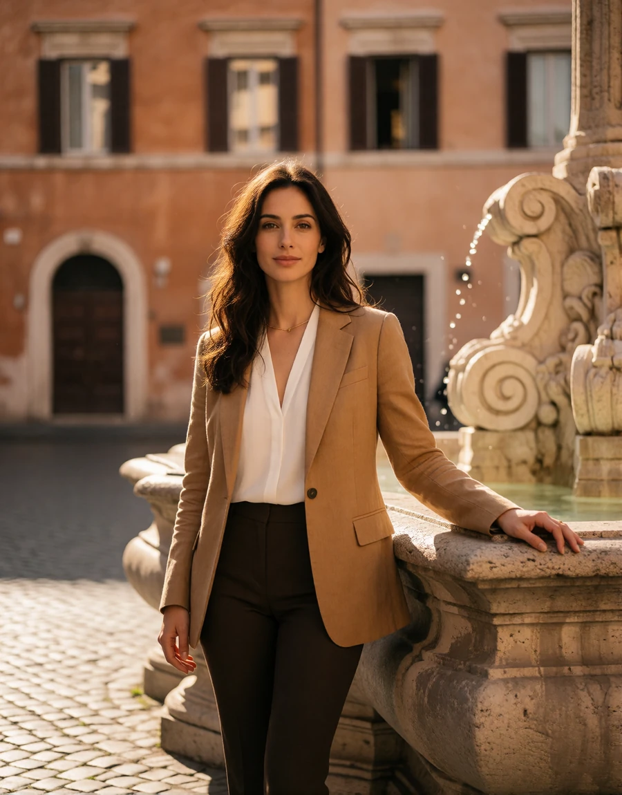 Italian woman in a camel linen blazer standing by a baroque fountain in a historic Rome square, a EuroPassions Italian dating member portrait